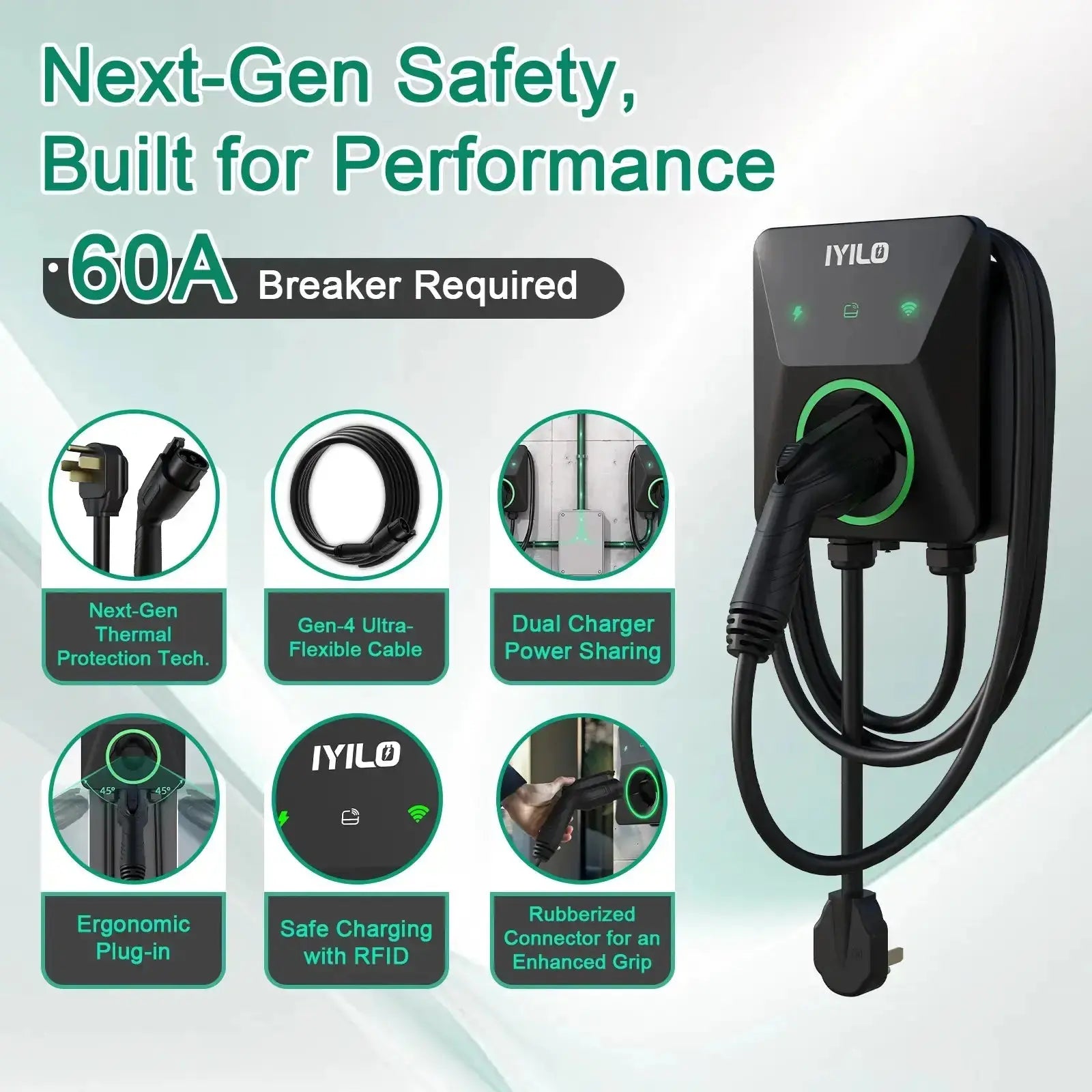 IYILO Level 2 EV Charger NEMA 14-50 J1772 Wall-mounted Plug In - 48A