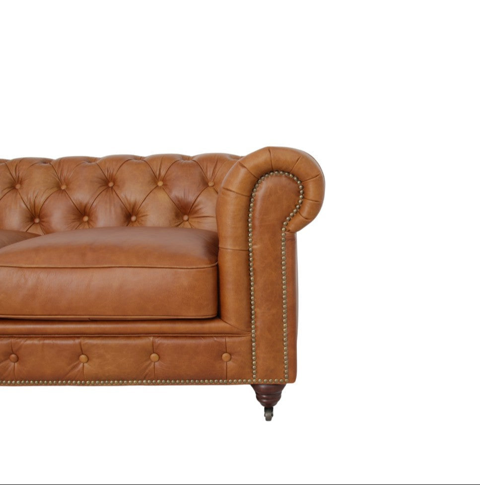 Belgravia Chesterfield Top Grain Leather Sofa with Tufted Back & Rolled Arms
