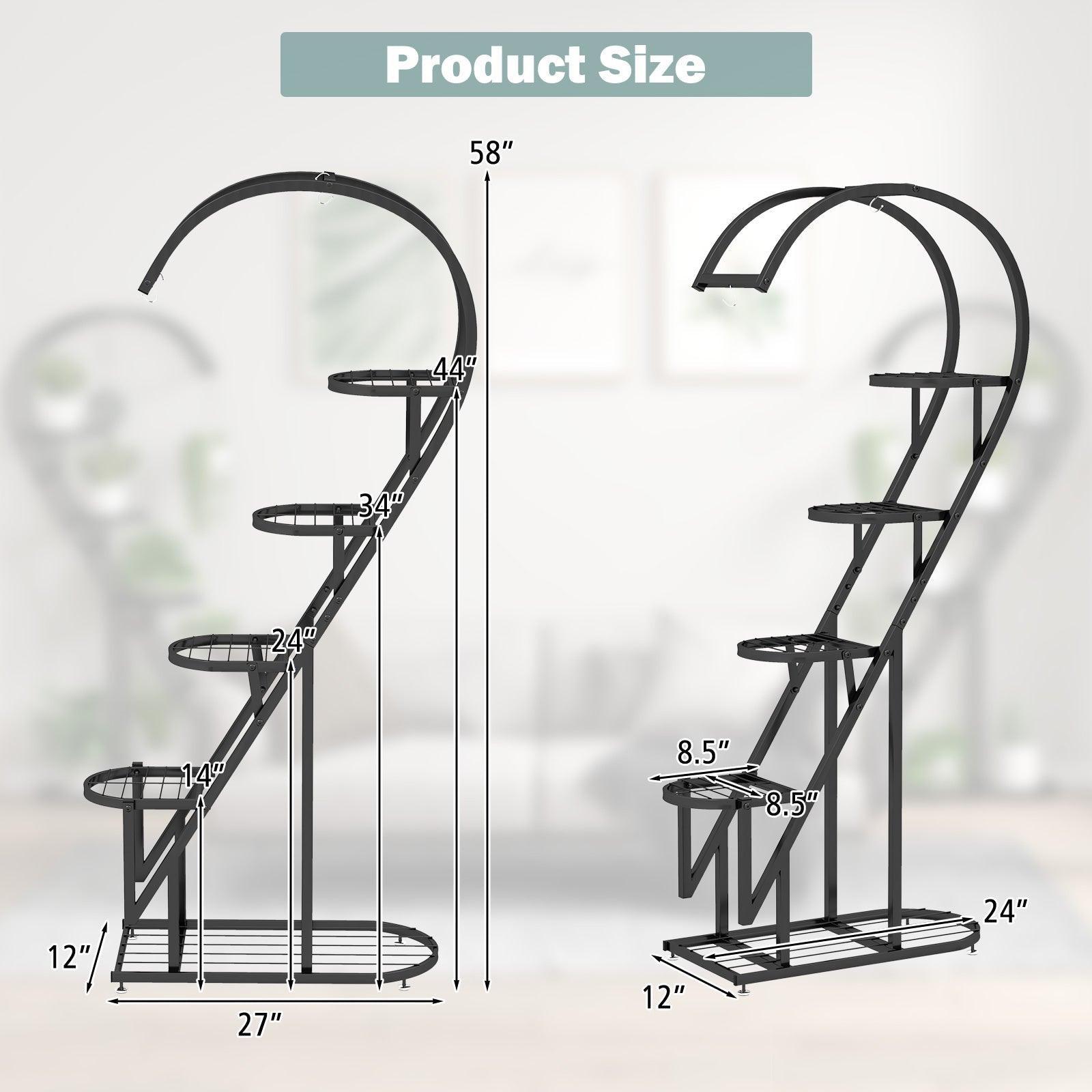 5 Tier Metal Plant Stand with Hanging Hook for Multiple Plants-Black