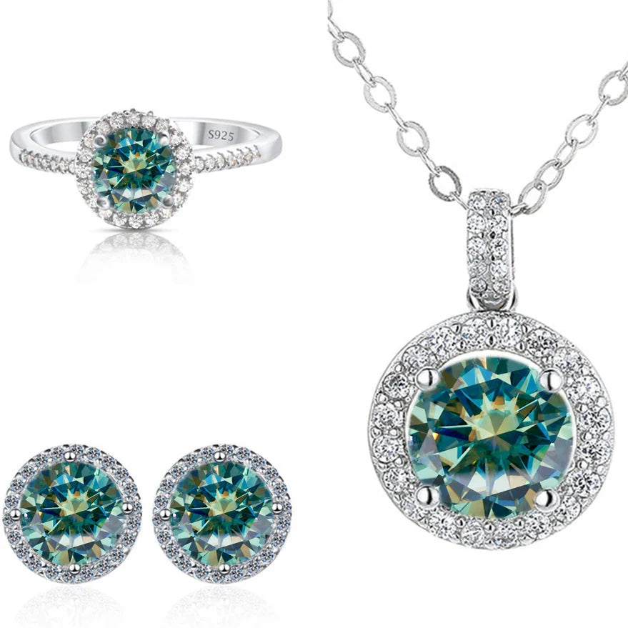6.5mm Moissanite 925 Sterling Silver Bridal Jewelry Set Ring Earring Pendant