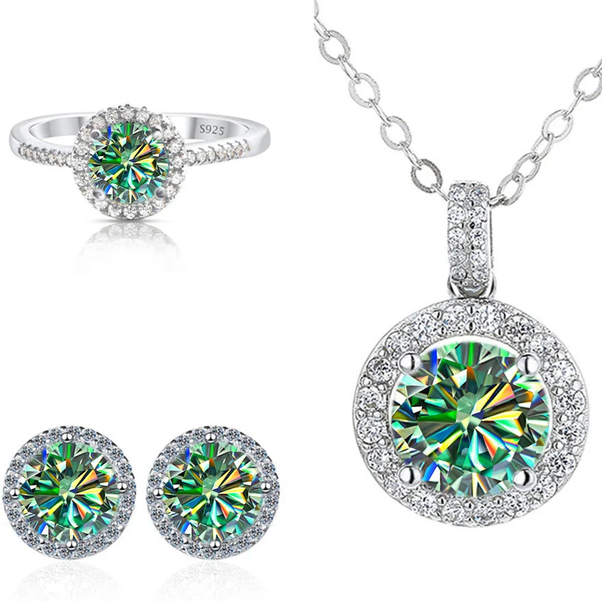 6.5mm Moissanite 925 Sterling Silver Bridal Jewelry Set Ring Earring Pendant