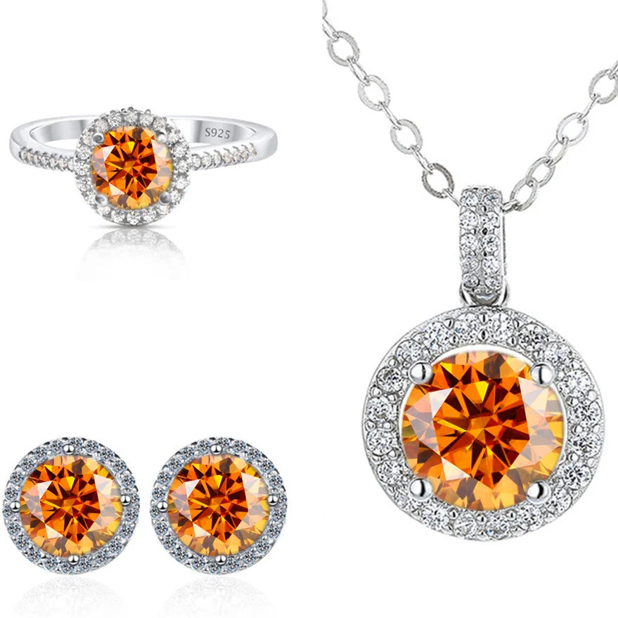 6.5mm Moissanite 925 Sterling Silver Bridal Jewelry Set Ring Earring Pendant