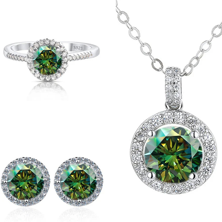 6.5mm Moissanite 925 Sterling Silver Bridal Jewelry Set Ring Earring Pendant