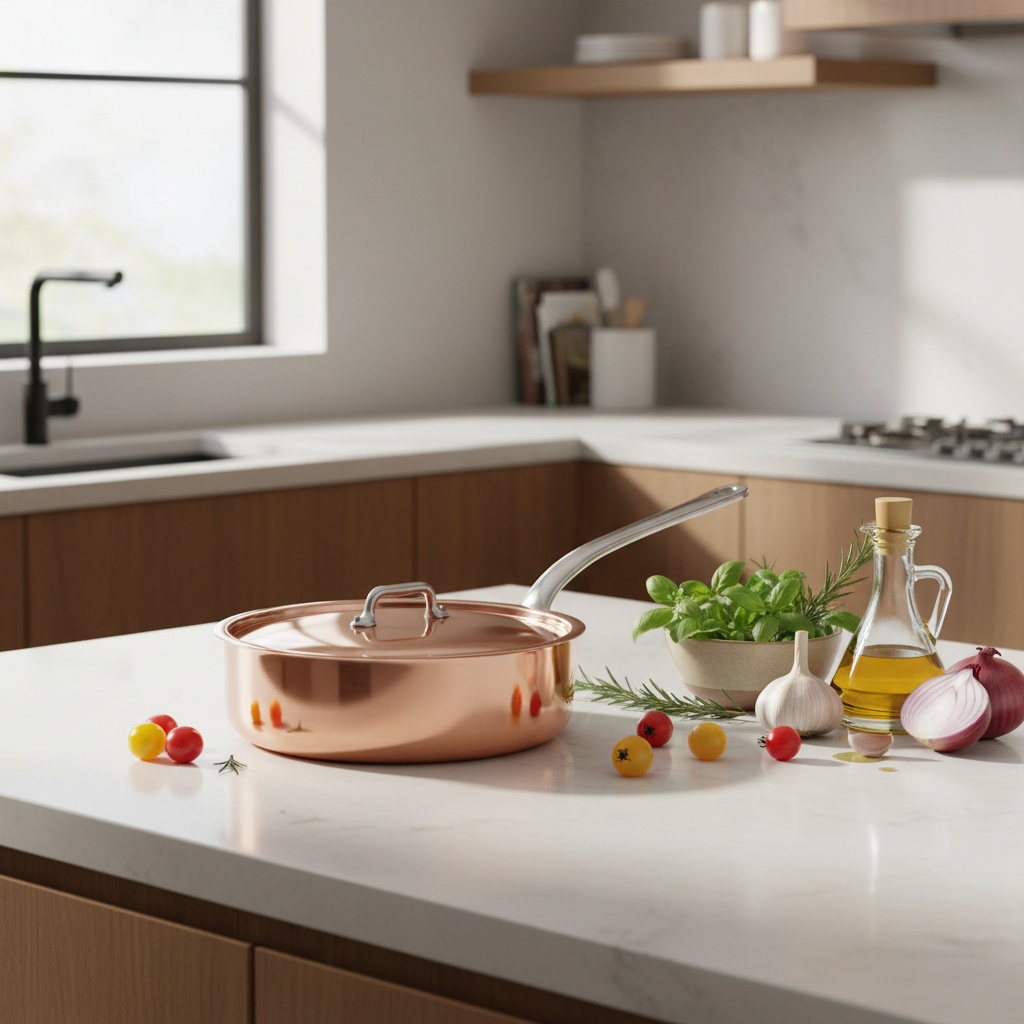 Mauviel 1830 M'3 S Copper Saute Pan With Lid, Cast Stainless Steel Handle, 3.2-Qt