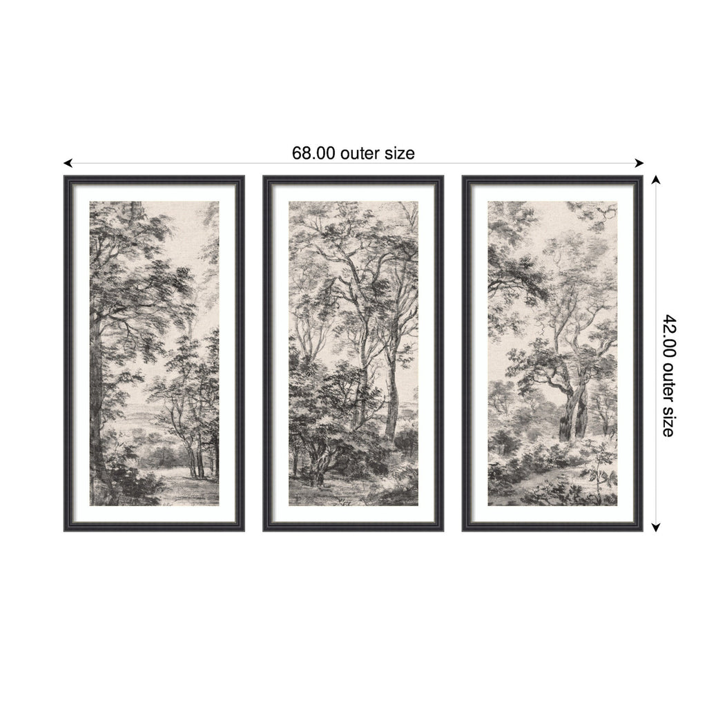 Wooded Landscape after 1648 Antonie Waterloo Linen Panel 3 Piece Framed Wall Art Print Set by Nostalgia Prints