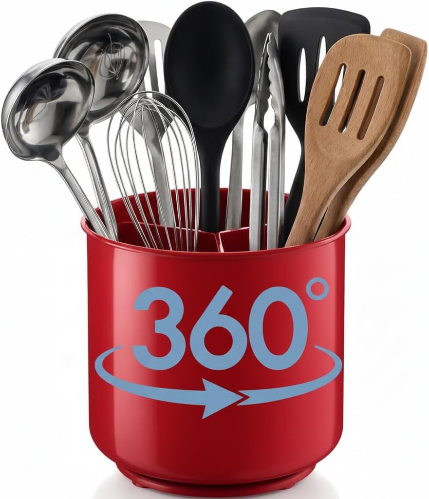 Cooler Kitchen Extra Large and Sturdy Rotating Utensil Holder Caddy with No-Tip Weighted Base, Removable Divider, and Gripped Insert | Rust Proof and Dishwasher Safe
