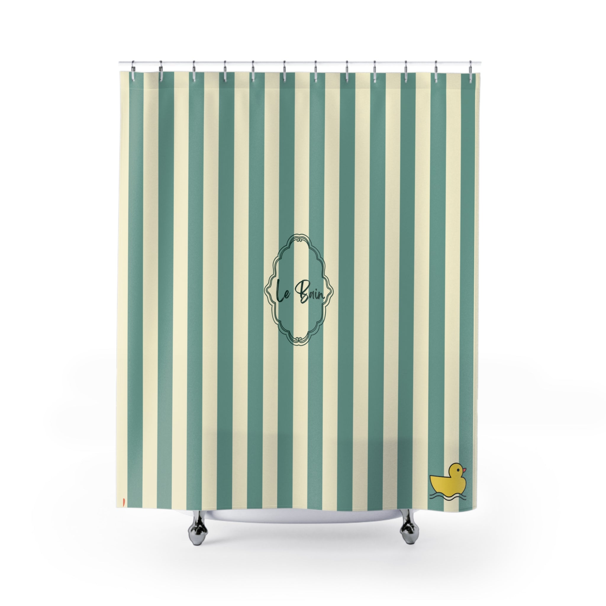 Striped Green/Cream Shower Curtain with Duck "Le Bain"  — French Kids Bathroom Decor
