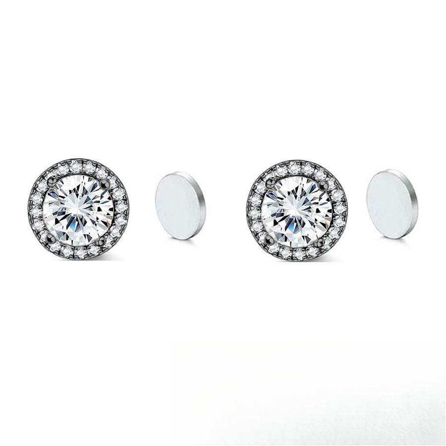 Stainless Steel Magnetic CZ Round Halo Stud Earrings for Men Women, Round Cubic Zirconia Inlaid Magnetic Earrings Non-Piercing Clip On Stud Earring