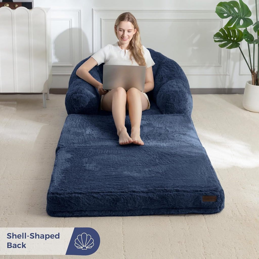 Navy Upholstered Folding Sofa Bed Convertible Lounger