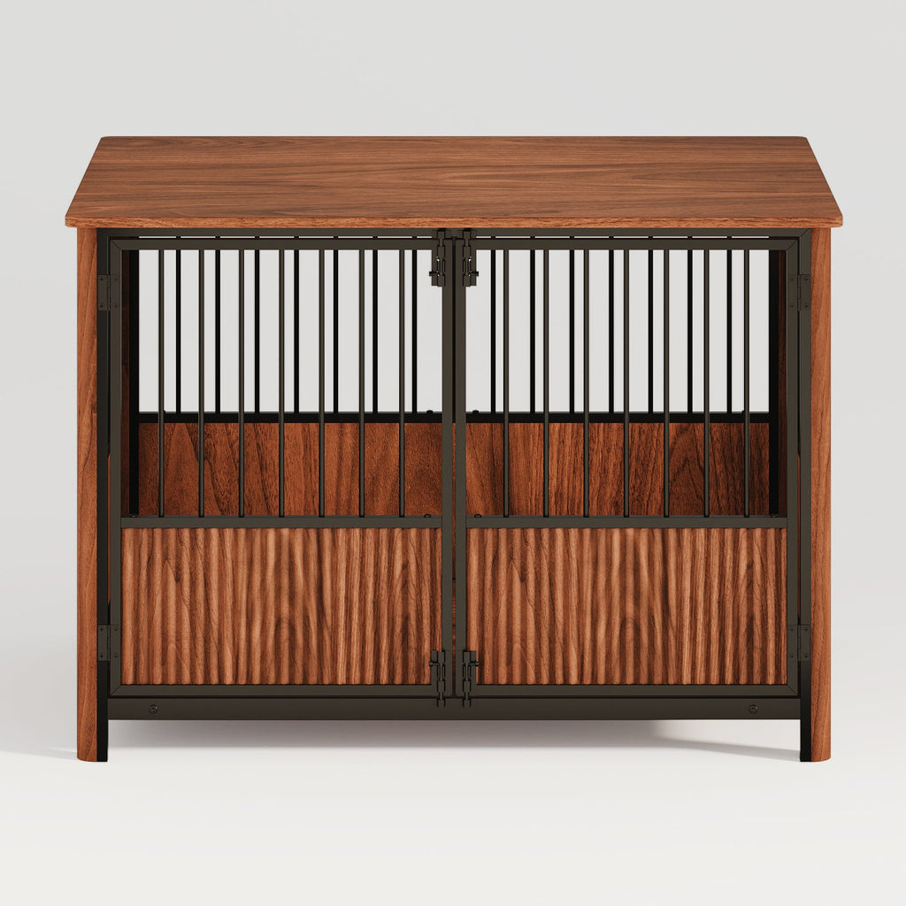 43'' Walnut Fluted Wood Furniture Style Dog Crate for Large & Medium Dogs - Double Door Design, Decorative Pet House & Indoor Side End Table.