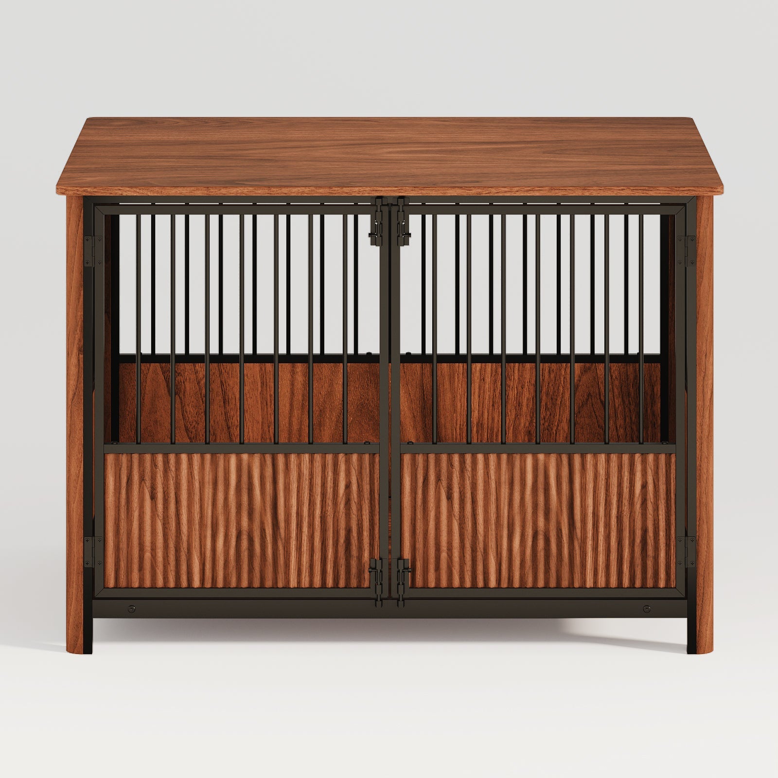 43'' Walnut Fluted Wood Furniture Style Dog Crate for Large & Medium Dogs - Double Door Design, Decorative Pet House & Indoor Side End Table.