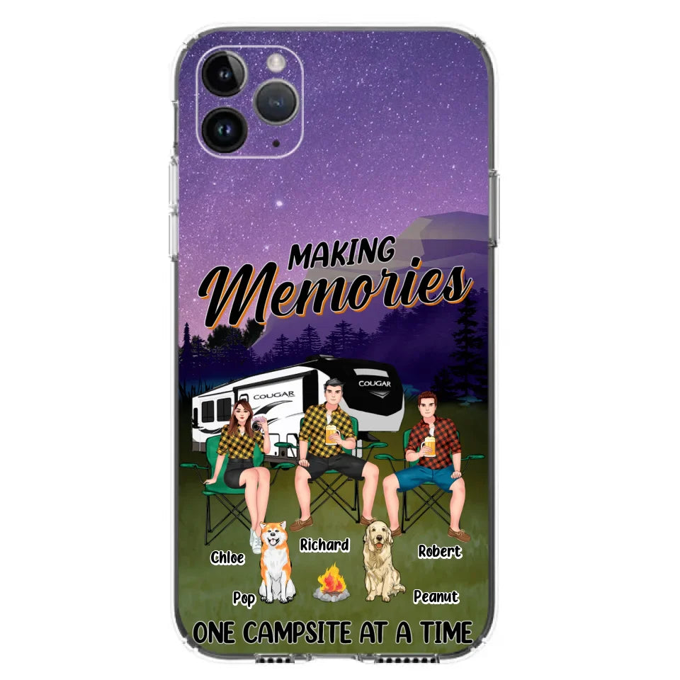 Custom Personalized Camping Phone Case - Gift Idea For Camping Lover/ Friends/ Couple - Upto 3 People And 2 Dogs - Making Memories One Campsite At A Time - Case For iPhone And Samsung