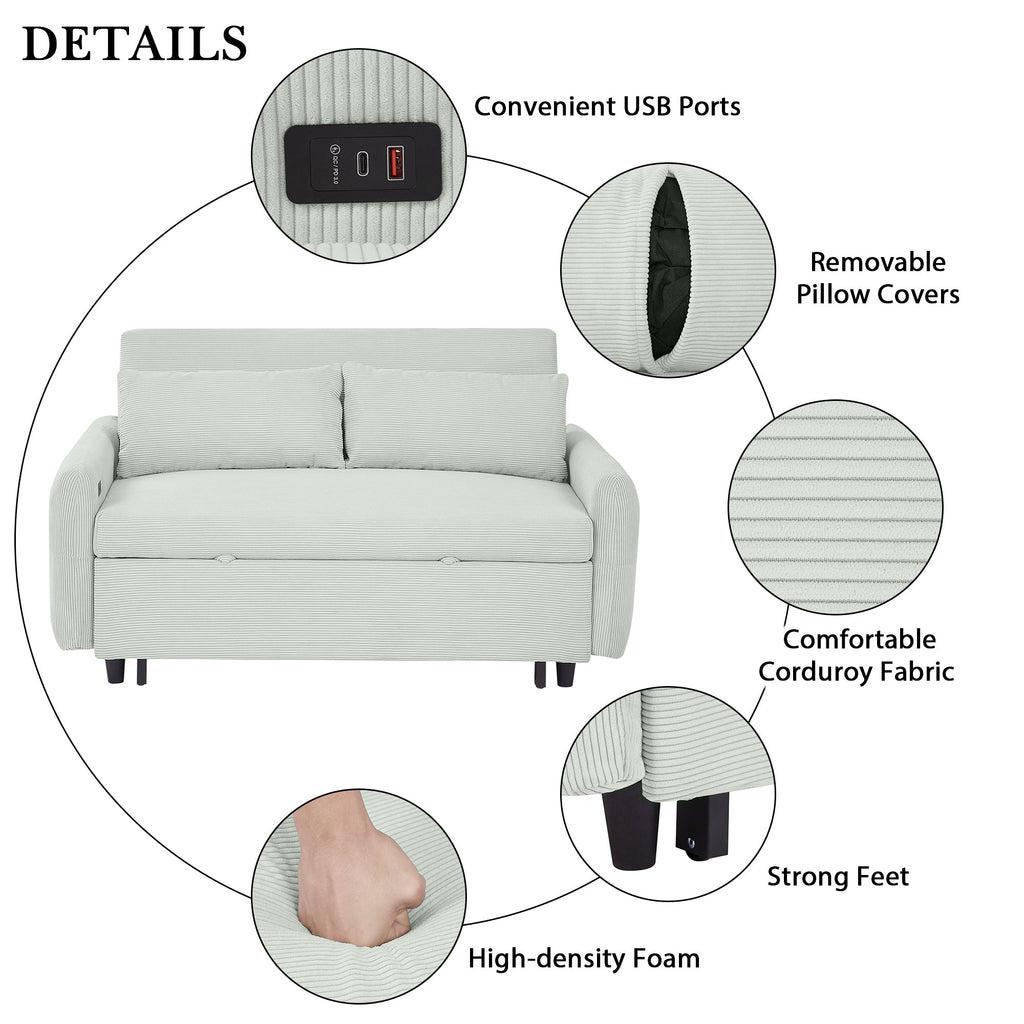 Modern Convertible Pull-out Sofa Bed Loveseat with USB Ports, Light Grey-Green Corduroy, 57.48 Inches