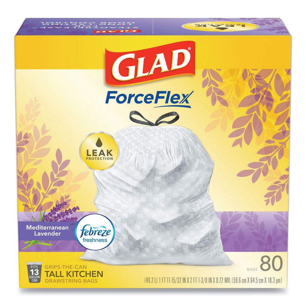 Glad OdorShield Tall Kitchen Drawstring Bags, 13 gal, 0.95 mil, 24" x 27.38", White, 80/Box