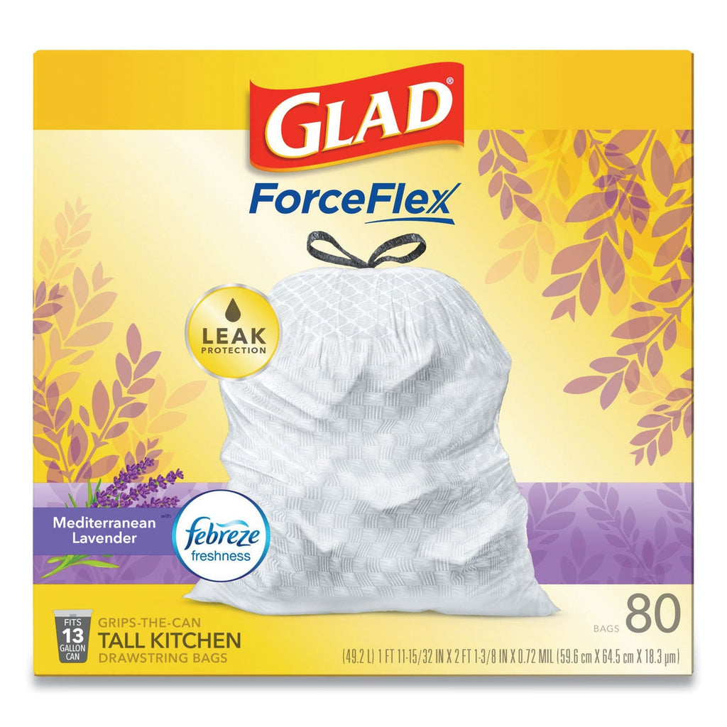 Glad OdorShield Tall Kitchen Drawstring Bags, 13 gal, 0.95 mil, 24" x 27.38", White, 80/Box