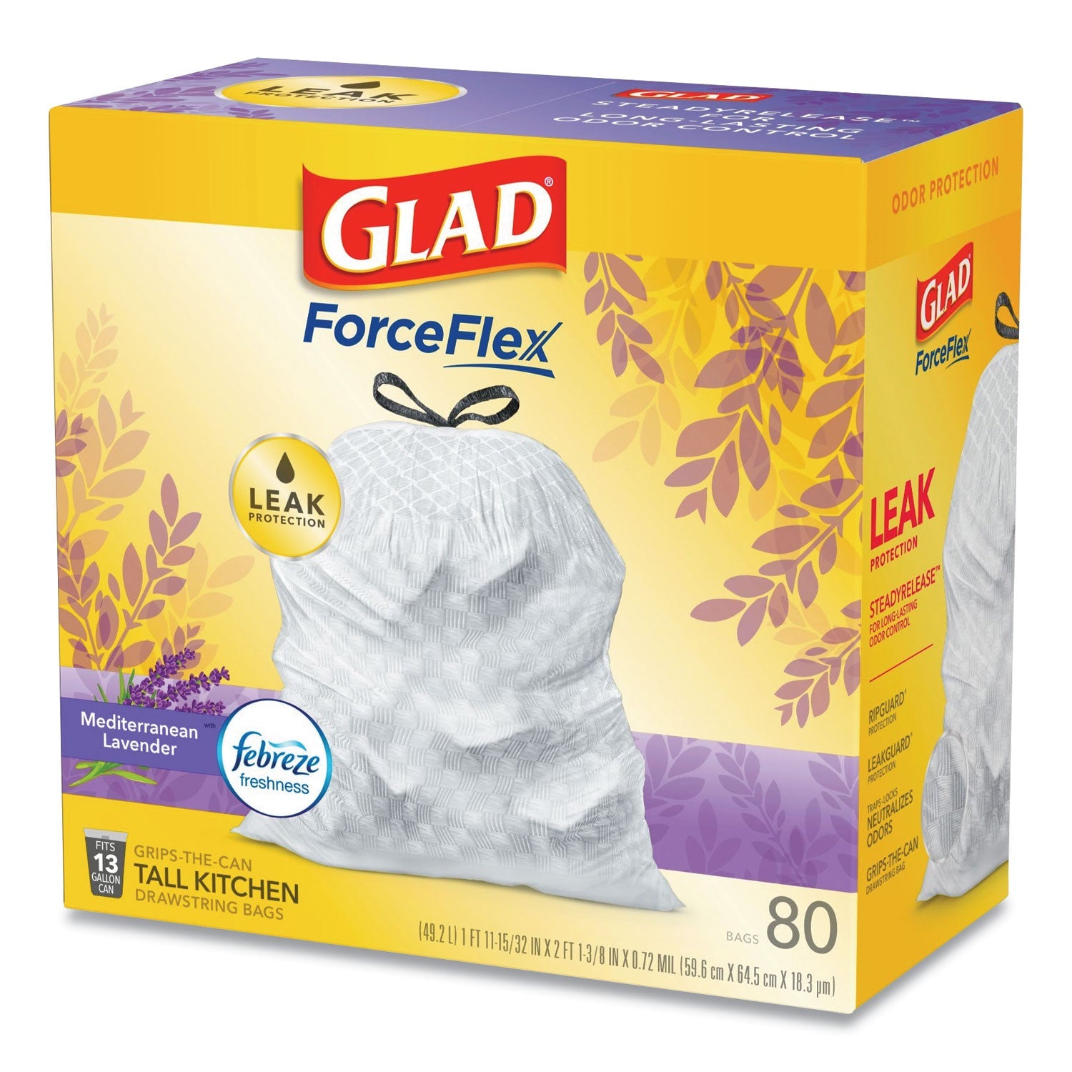 Glad OdorShield Tall Kitchen Drawstring Bags, 13 gal, 0.95 mil, 24" x 27.38", White, 80/Box