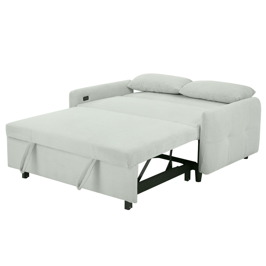 Modern Convertible Pull-out Sofa Bed Loveseat with USB Ports, Light Grey-Green Corduroy, 57.48 Inches