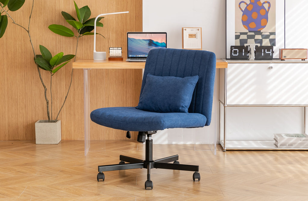 Swivel Office Chair Linen Blue Criss Cross Memory Foam 360 Degree 25.2 In