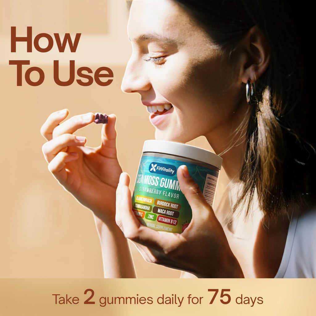 Sea Moss Gummies | Strawberry Flavor Vegan Gummies | Extra Rich 9-in-1 Formulation with Irish Sea Moss, Elderberry, Bladderwrack, Burdock, Ashwagandha, Maca, Zinc, B12 | Energy & Immune Support