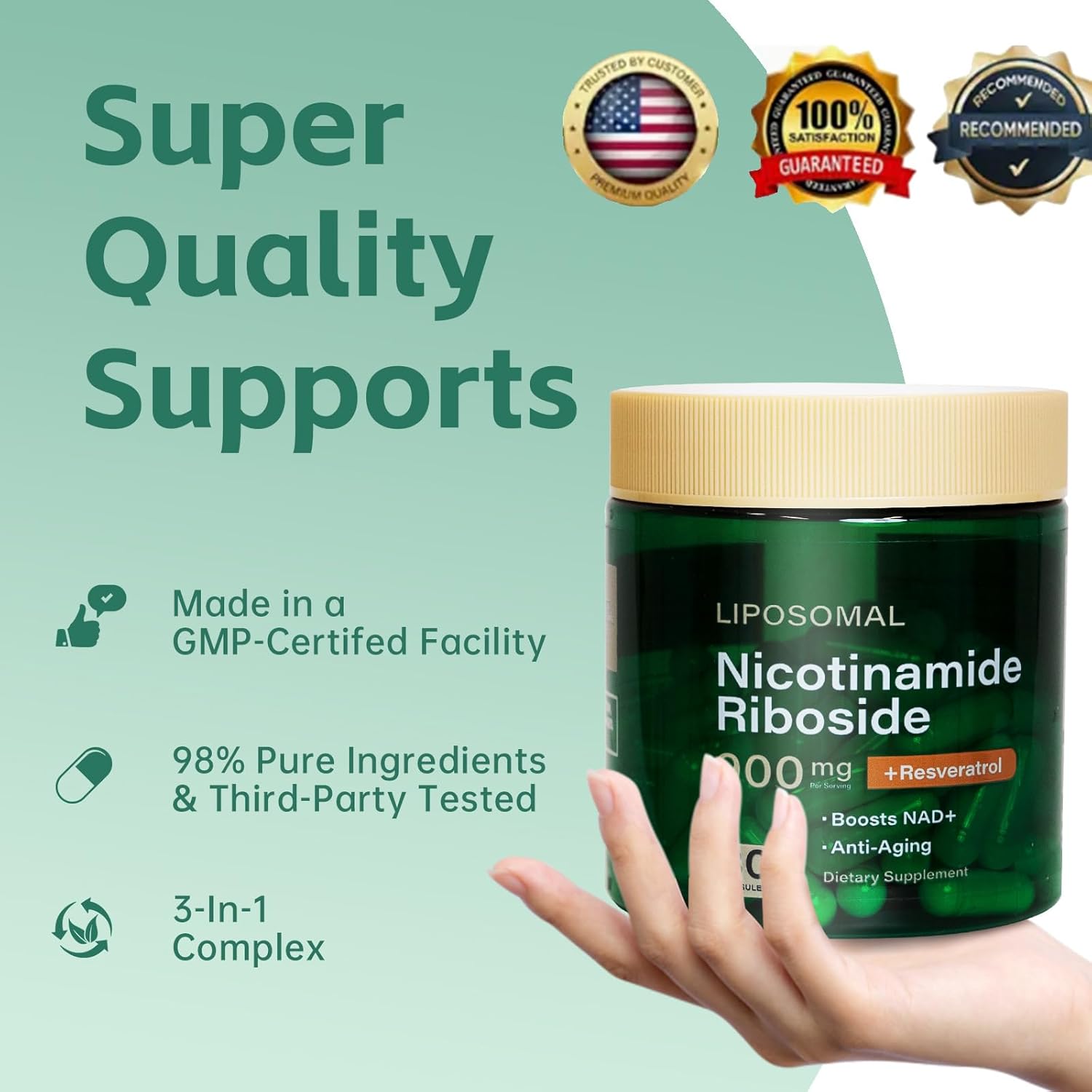 Liposomal Nicotinamide Riboside 900mg Resveratrol & Quercetin – NAD Supplement Plus for Anti Aging, Cellular Energy & Improve Health- 80 Capsules