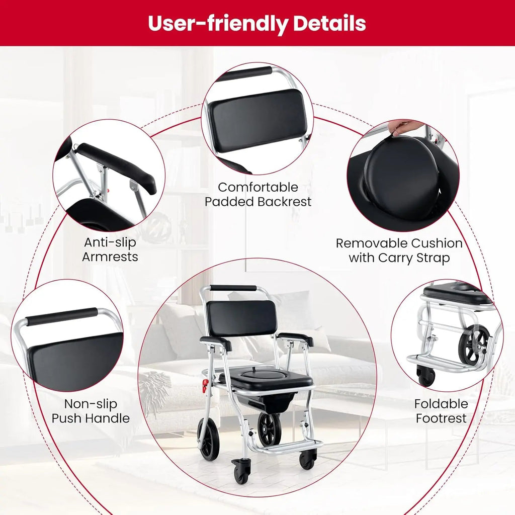 Pitts Foldable Elderly Shower Commode Wheelchair