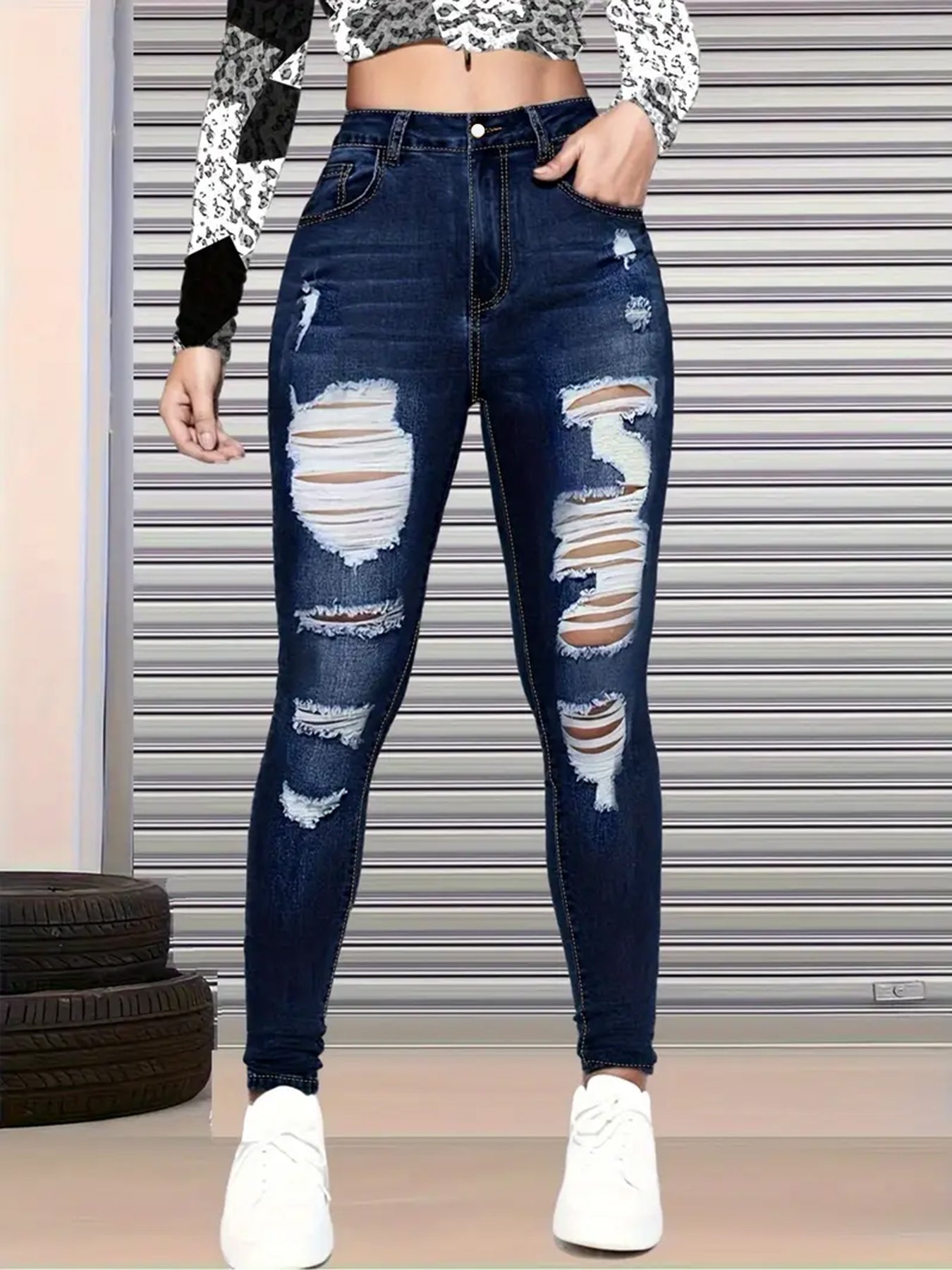 New High Waisted, Hip Lifted, Tight Fitting Women's Jeans With A Ripped Nine Quarter Cut, Suitable For Minimalist Fashion In Summer See size chart under “more details”