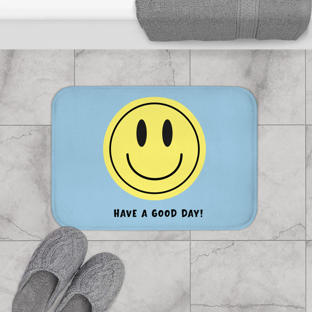 Smiley Face Bath Mat - "Have a Good Day!" Blue Kid's Bathroom Rug