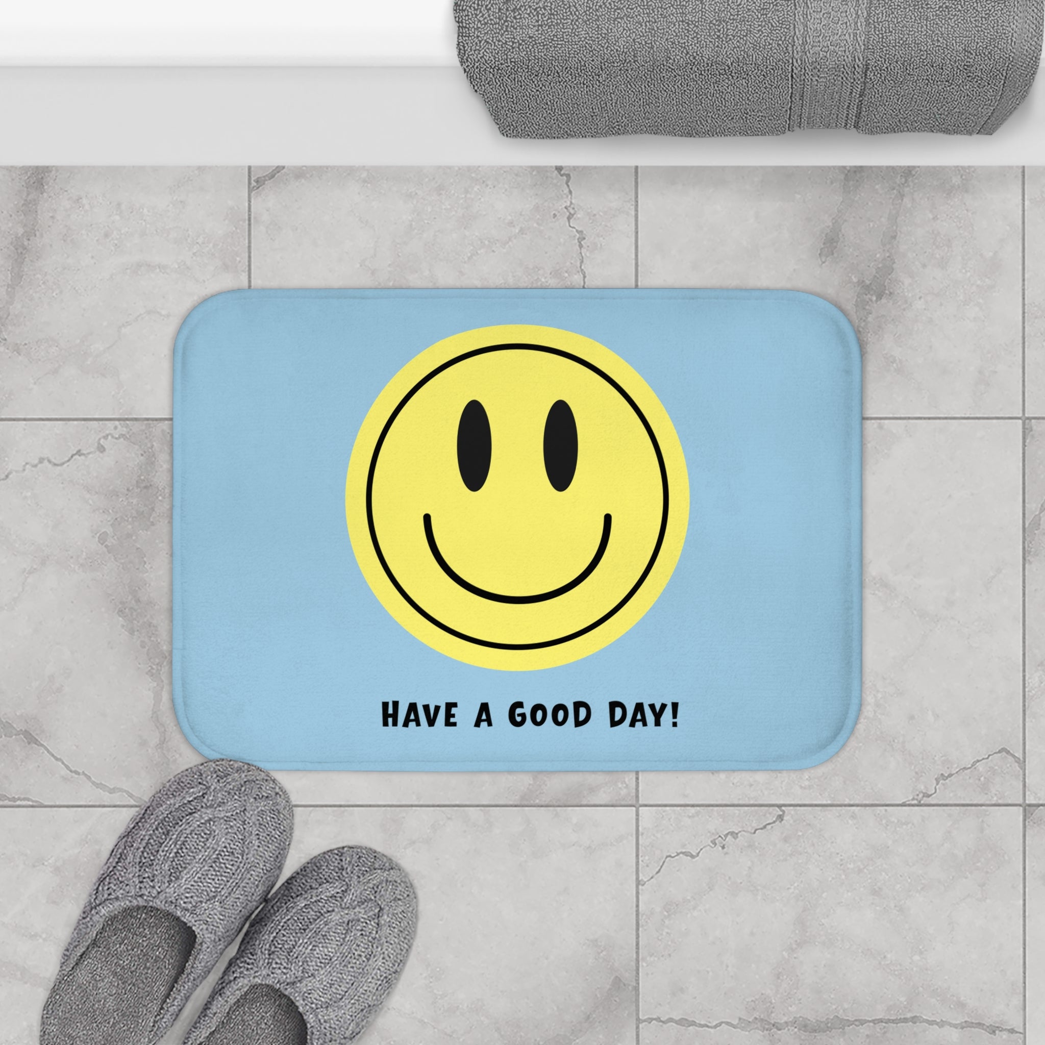 Smiley Face Bath Mat - "Have a Good Day!" Blue Kid's Bathroom Rug