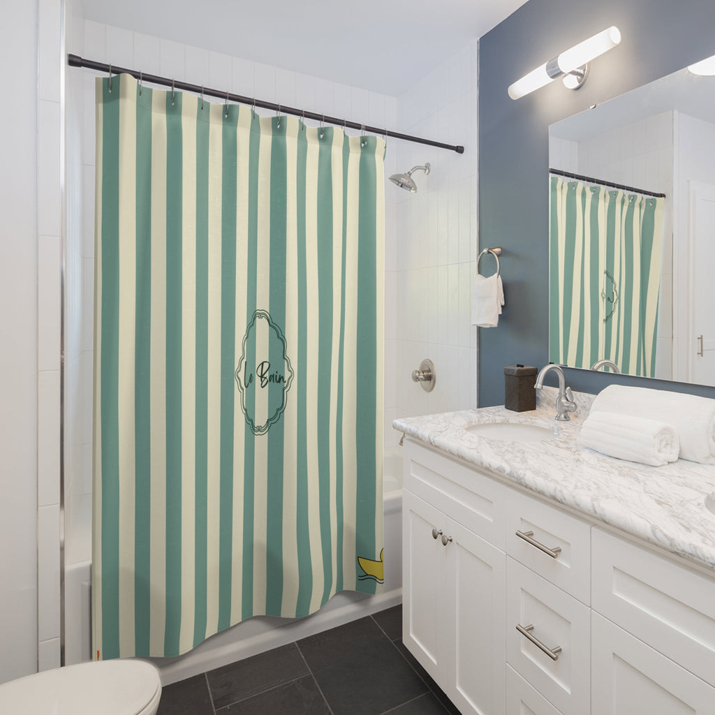 Striped Green/Cream Shower Curtain with Duck "Le Bain"  — French Kids Bathroom Decor
