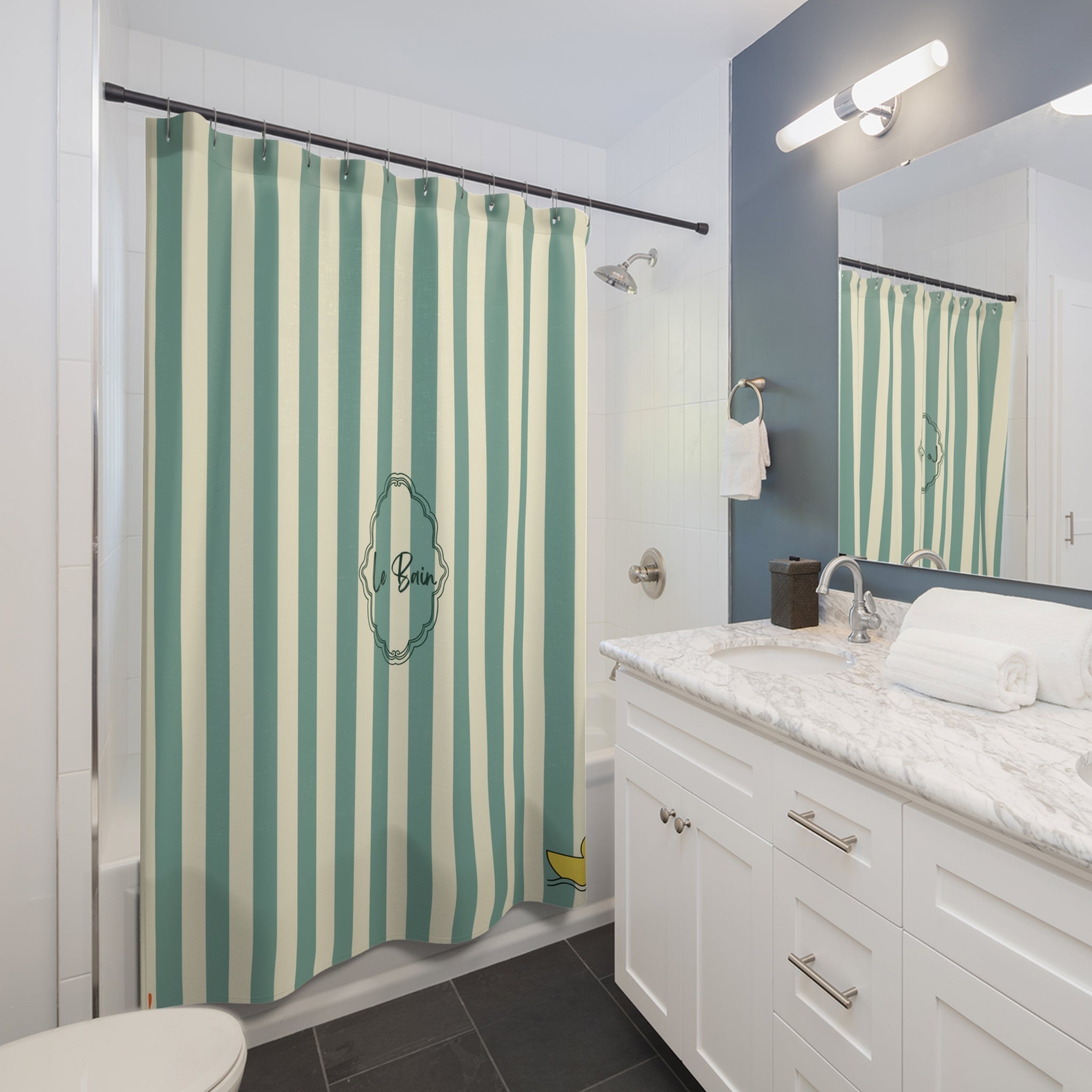 Striped Green/Cream Shower Curtain with Duck "Le Bain"  — French Kids Bathroom Decor