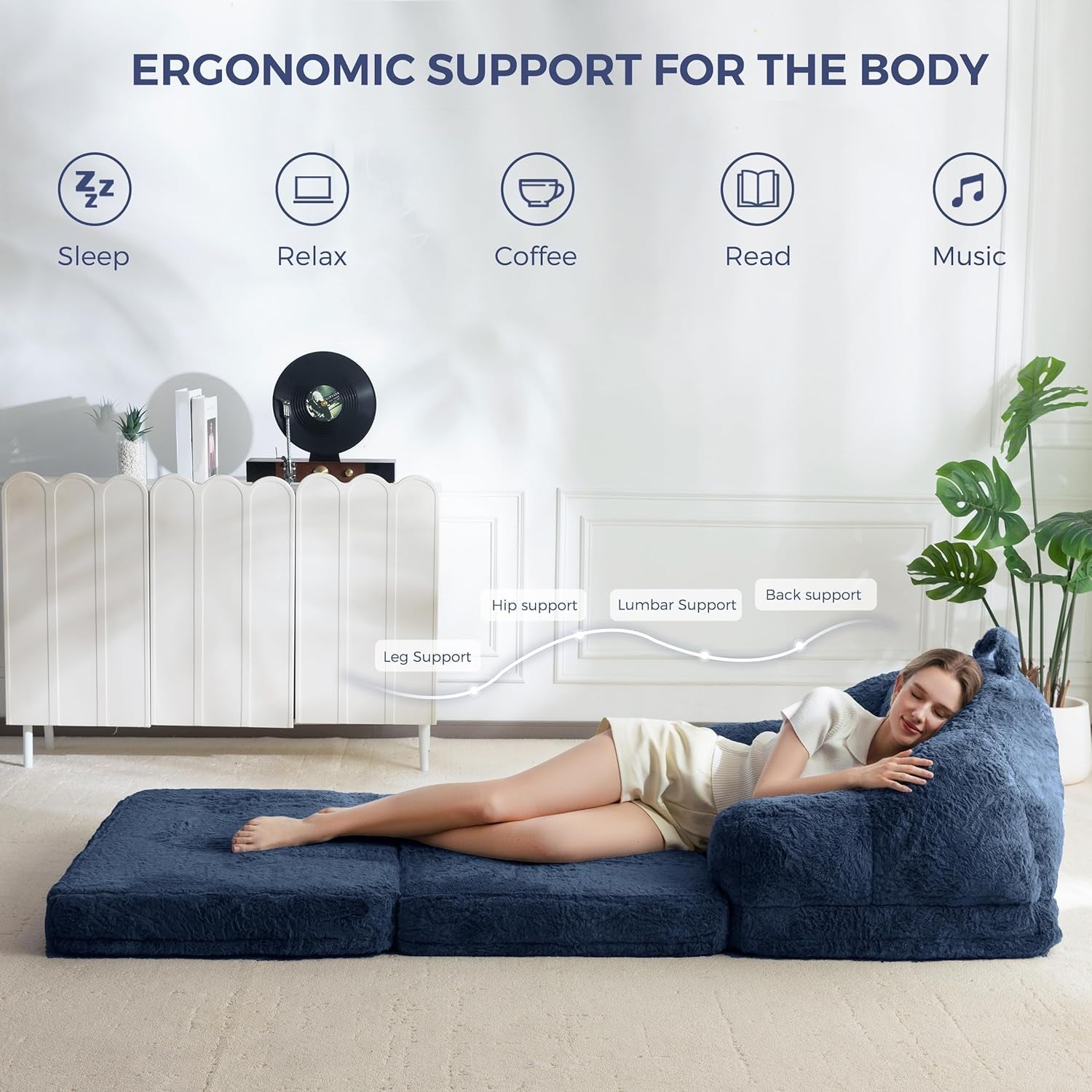 Navy Upholstered Folding Sofa Bed Convertible Lounger