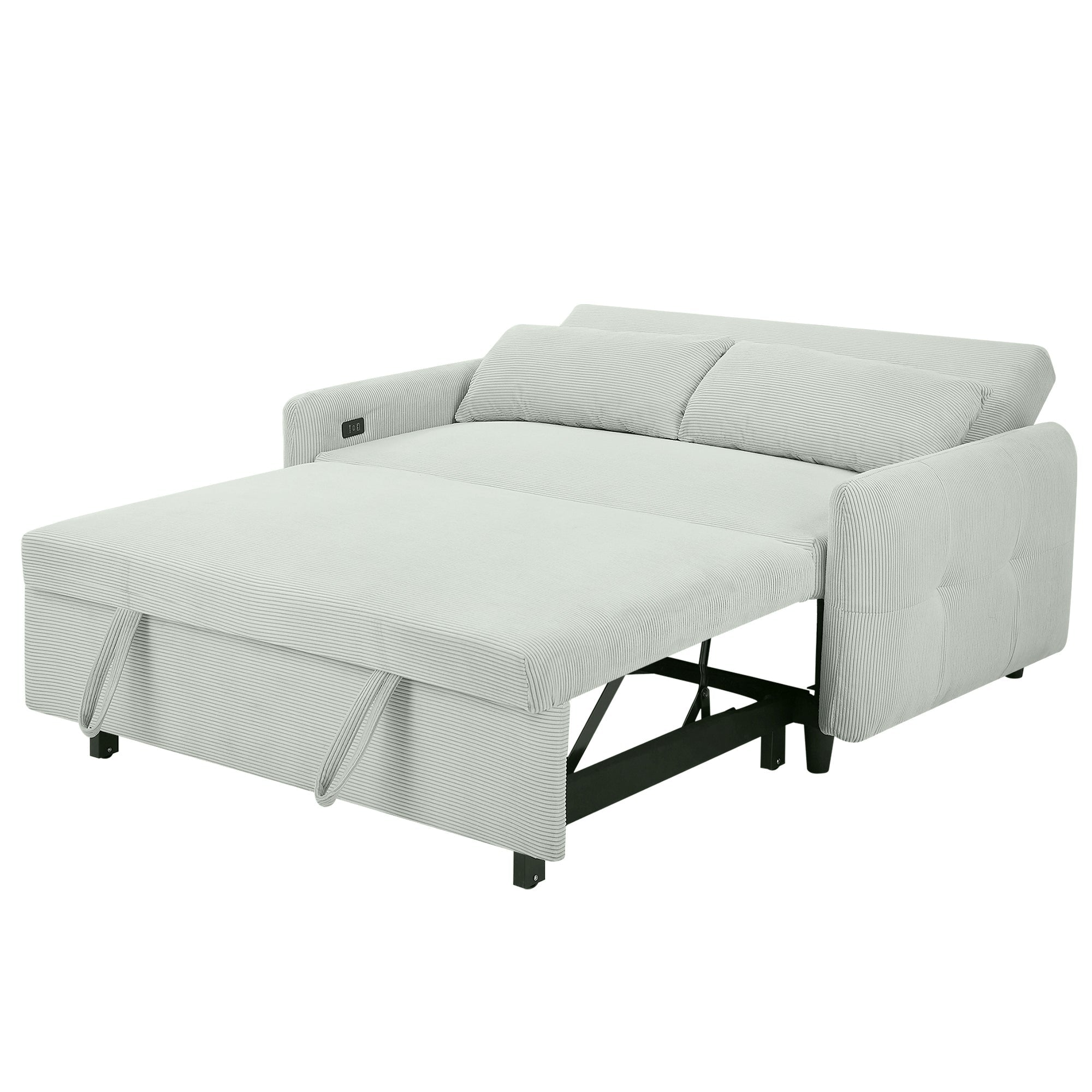 Modern Convertible Pull-out Sofa Bed Loveseat with USB Ports, Light Grey-Green Corduroy, 57.48 Inches