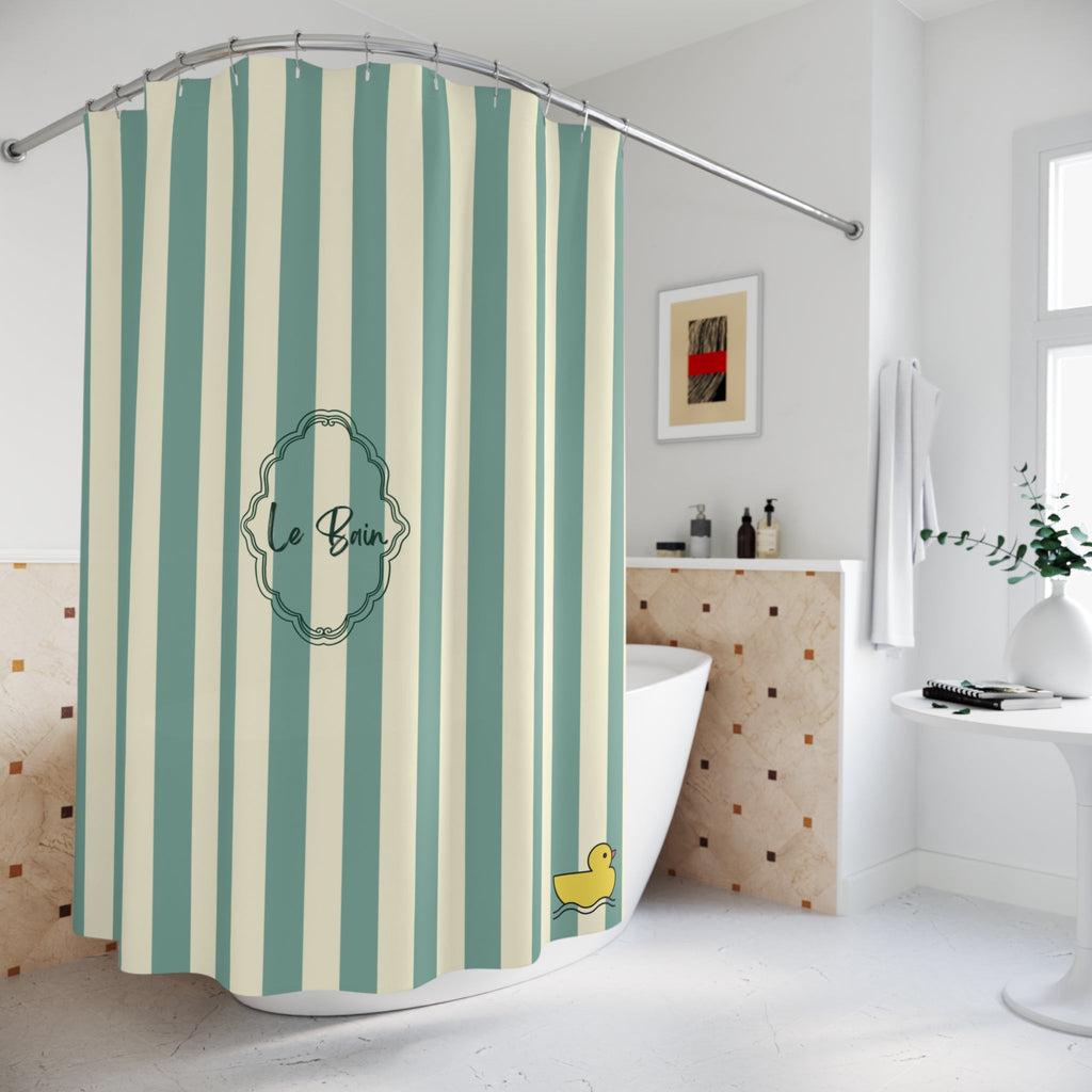 Striped Green/Cream Shower Curtain with Duck "Le Bain"  — French Kids Bathroom Decor