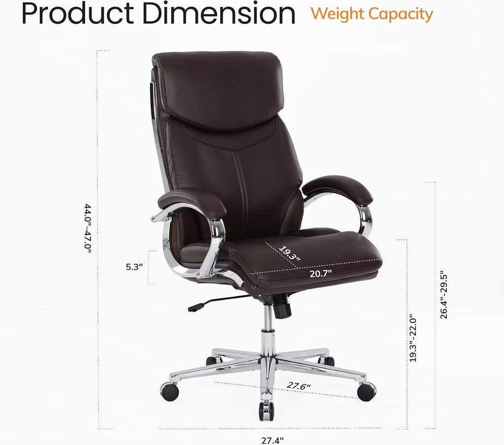 COLAMY High Back Executive Office Chair, PU Leather Computer Desk Chair with Extra Thick Padded Seat Cushion, Quiet Rubber Rolling Casters and Adjustable Tilt Tension for Home Workspace,Brown