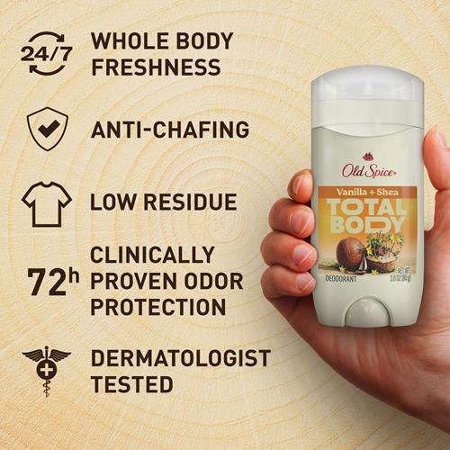 Old Spice Whole Body Deodorant Stick For Men, Aluminum Free, Vanilla + Shea Scent, 24/7 Odor Protection, 24/7 Lasting Freshness, Dermatologist Tested, Gentle On Skin, Safe To Use All Over, 3.0 Oz