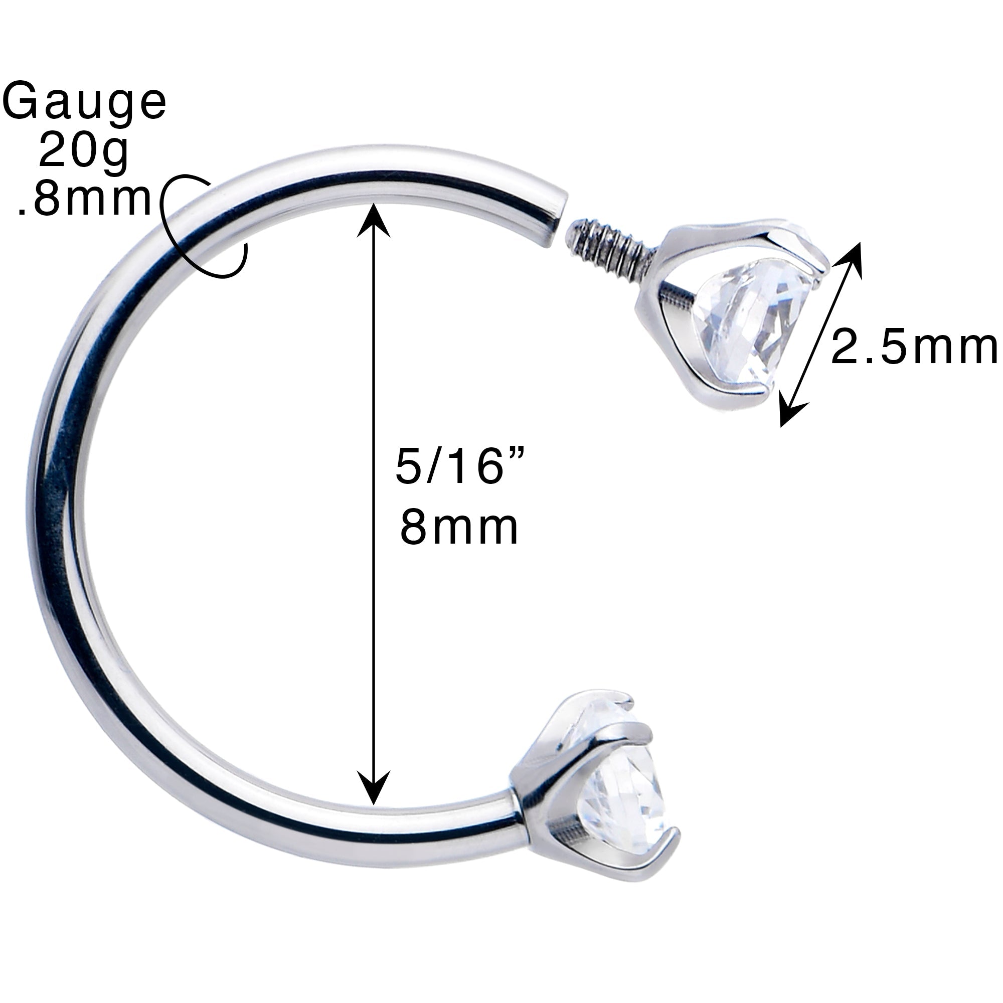 Double Gem Titanium Horseshoe Nose Ring -  Internally Threaded Solid Titanium CZ Horseshoe Nose Hoop