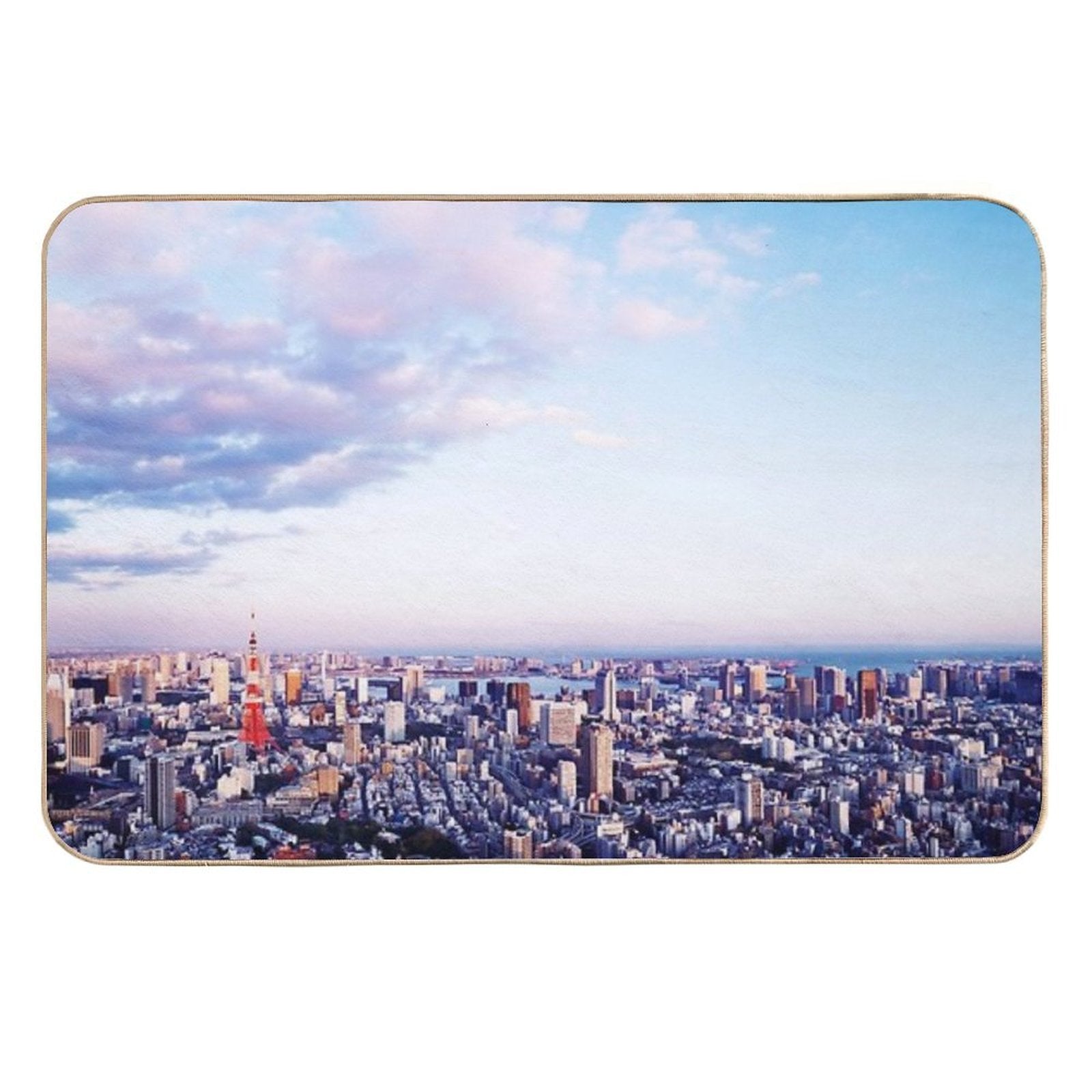Tokyo Tower in Beautiful Aerial Scenery Tokyo City Under Vast Blue Sky Art Photo Print  Stain-Proof Bath Mat