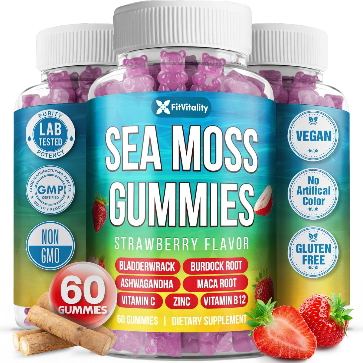 Sea Moss Gummies | Strawberry Flavor Vegan Gummies | Extra Rich 9-in-1 Formulation with Irish Sea Moss, Elderberry, Bladderwrack, Burdock, Ashwagandha, Maca, Zinc, B12 | Energy & Immune Support