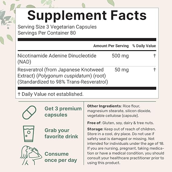 NAD+ Advanced 500MG Liposomal NAD+ with Resveratrol - NAD Supplement for Men & Women - NMN Alternative for Cellular Energy & Healthy Aging - 60 Capsules, 30 Day Supply