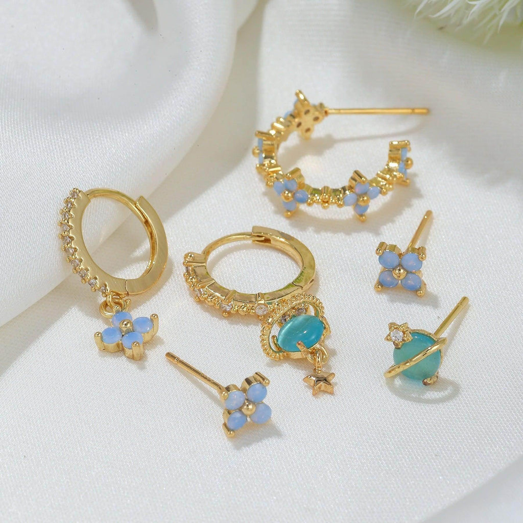 Multi Sets of Blue Flower Pierced Earrings, 4-6pcs, 18k Gold Plated Stud Drop Hoop Huggie Cuff Chain, S925 Needle, Stacked Lobe Designs with Dazzling Zirconia