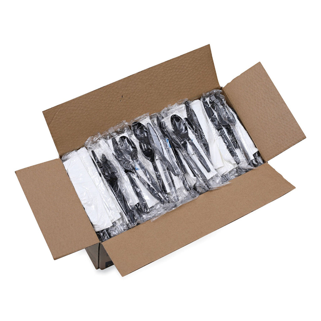 Boardwalk Six-Piece Cutlery Kit, Condiment/Fork/Knife/Napkin/Teaspoon, Black, 250/Carton