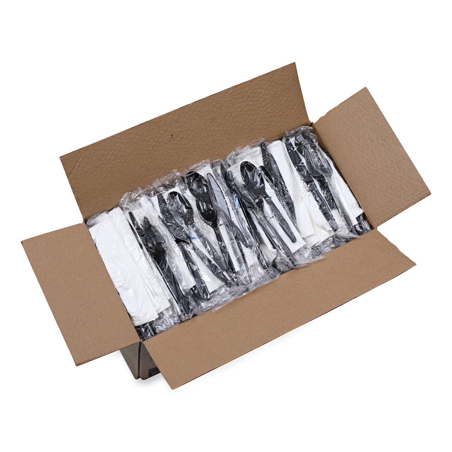 Boardwalk Six-Piece Cutlery Kit, Condiment/Fork/Knife/Napkin/Teaspoon, Black, 250/Carton