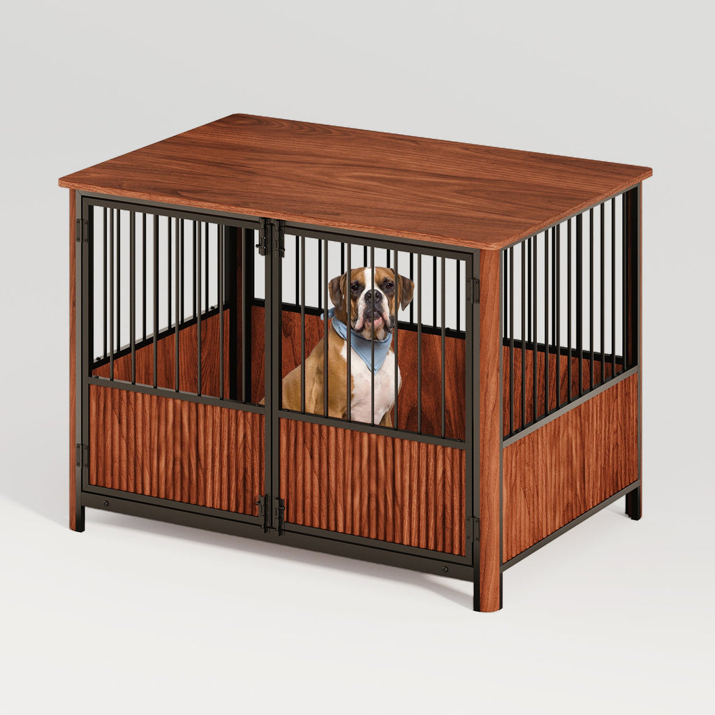 43'' Walnut Fluted Wood Furniture Style Dog Crate for Large & Medium Dogs - Double Door Design, Decorative Pet House & Indoor Side End Table.