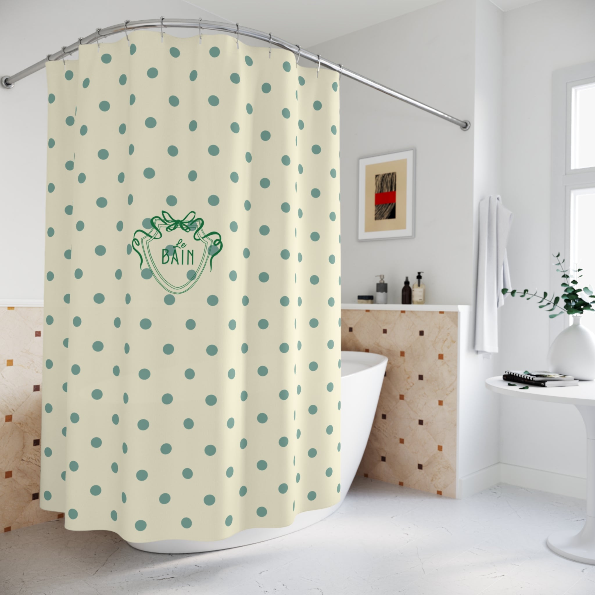 Polka Dot 'Le Bain' Shower Curtain – Cream & Sage Green Bathroom Decor