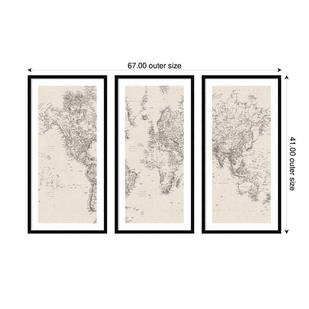 Vintage Black and White World Map Linen 3 Piece Framed Wall Art Print Set by The Creative Bunch Studio