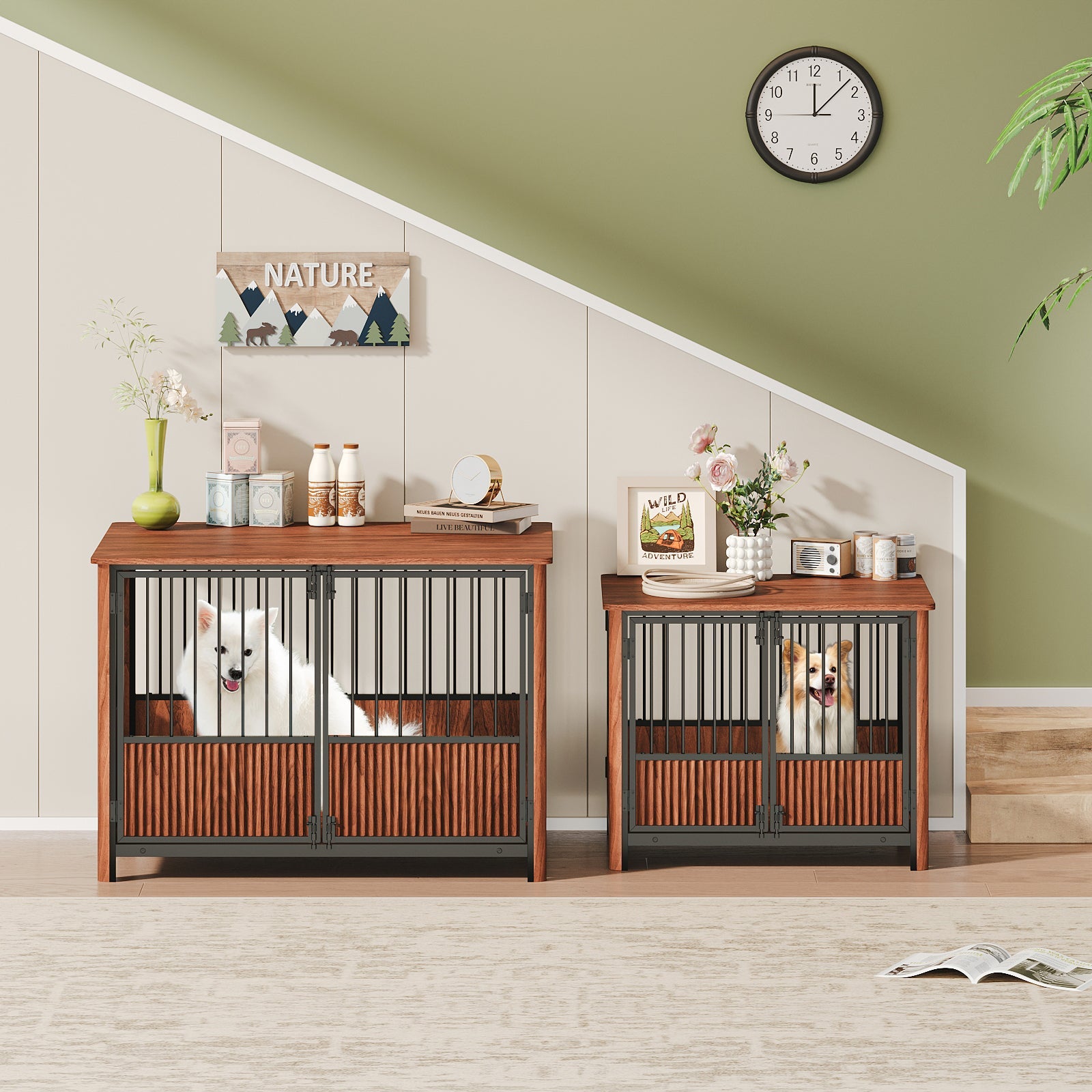 43'' Walnut Fluted Wood Furniture Style Dog Crate for Large & Medium Dogs - Double Door Design, Decorative Pet House & Indoor Side End Table.