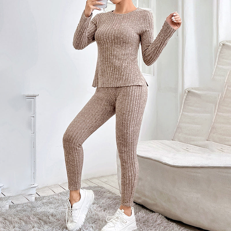 Women’s Ribbed Knit Long‑Sleeve Tee & Pants Set