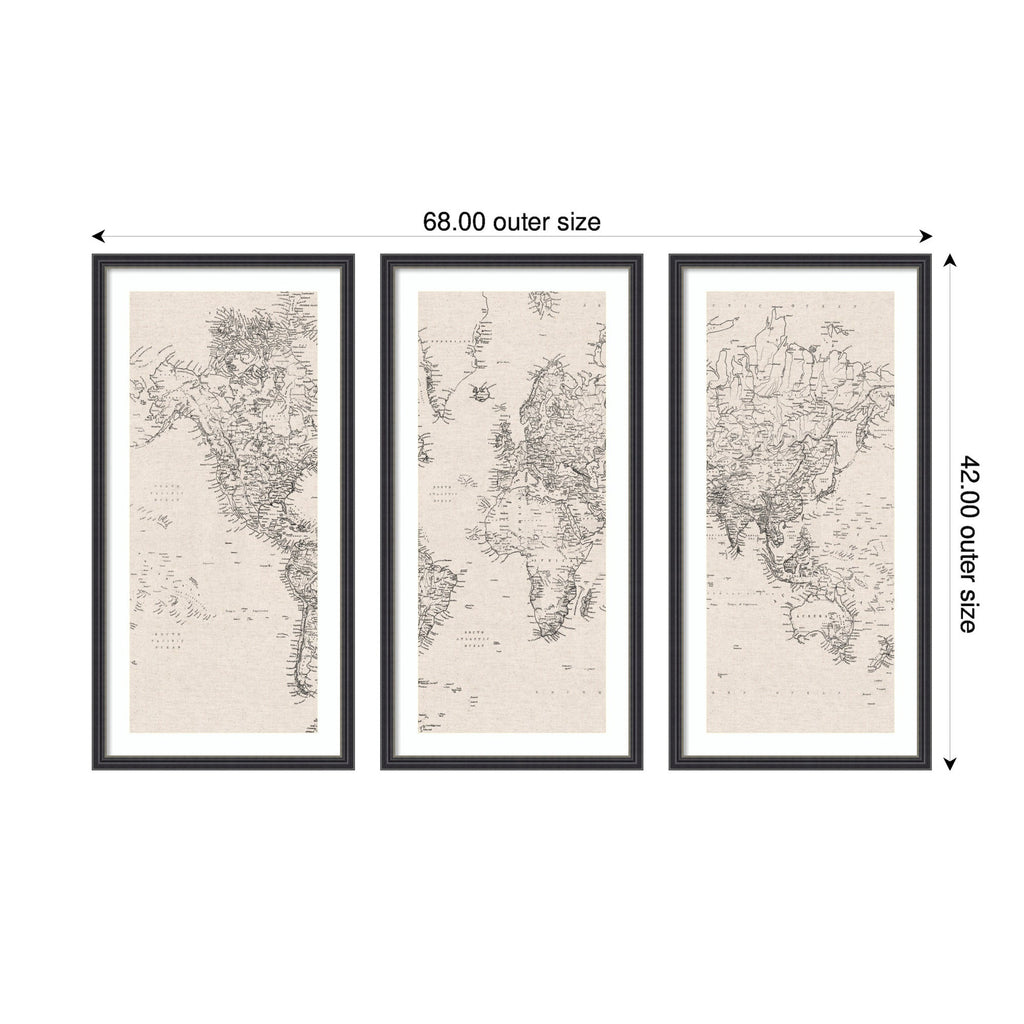 Vintage Black and White World Map Linen 3 Piece Framed Wall Art Print Set by The Creative Bunch Studio