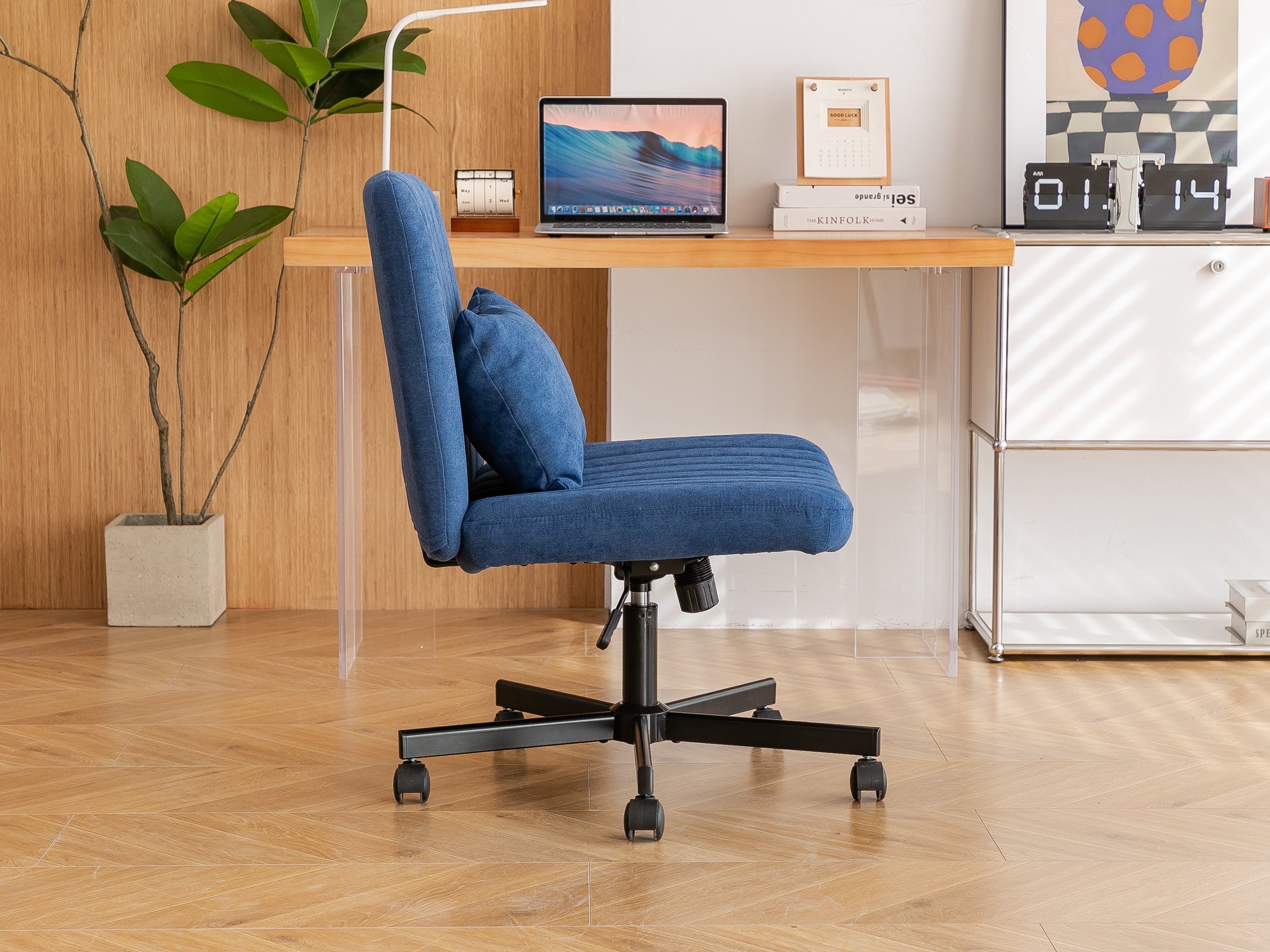 Swivel Office Chair Linen Blue Criss Cross Memory Foam 360 Degree 25.2 In