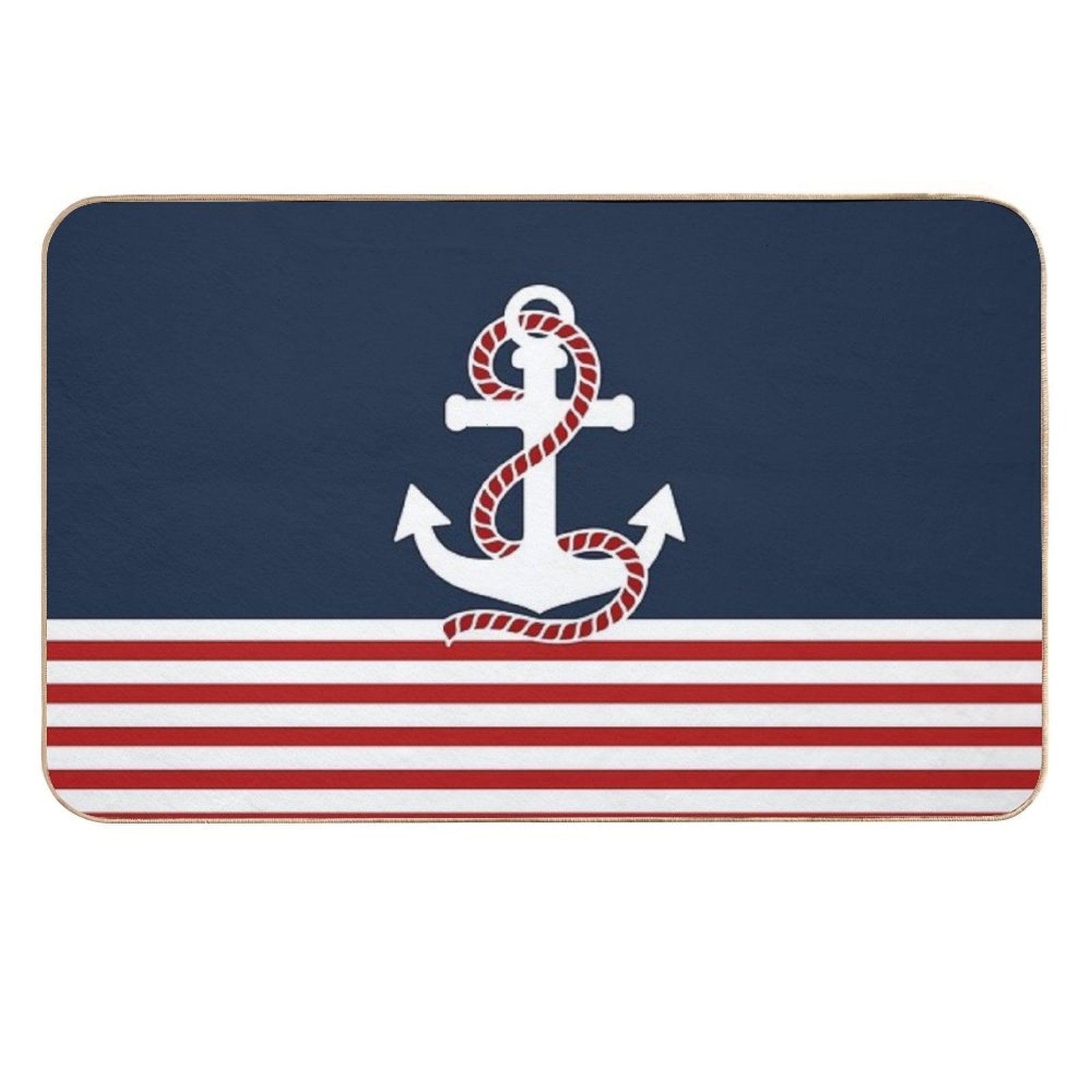 Nautical Red White Stripes And Red Anchor on Blue Background  Odorless Bath Mat